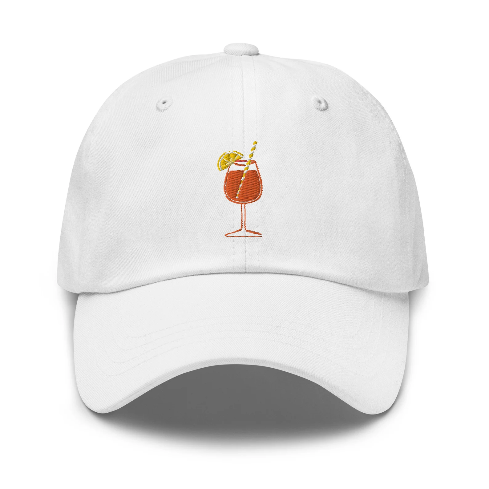 Embroidered Aperol Spritz cocktail design on orange and white dad hat