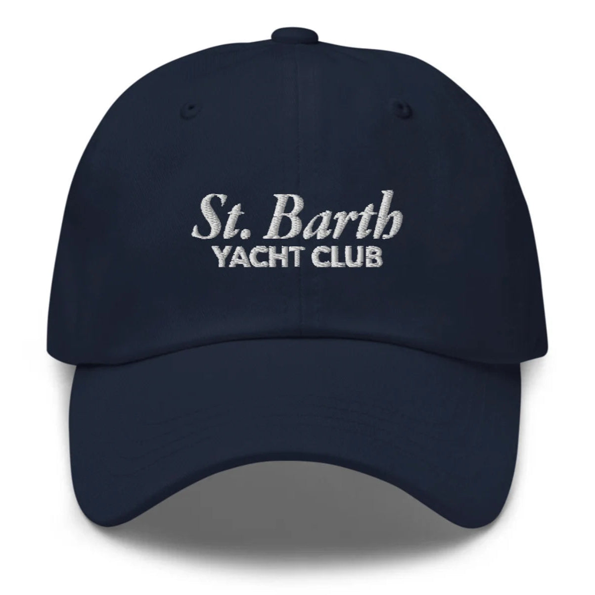 Navy blue cap with 'St. Barth Yacht Club' text on a white background